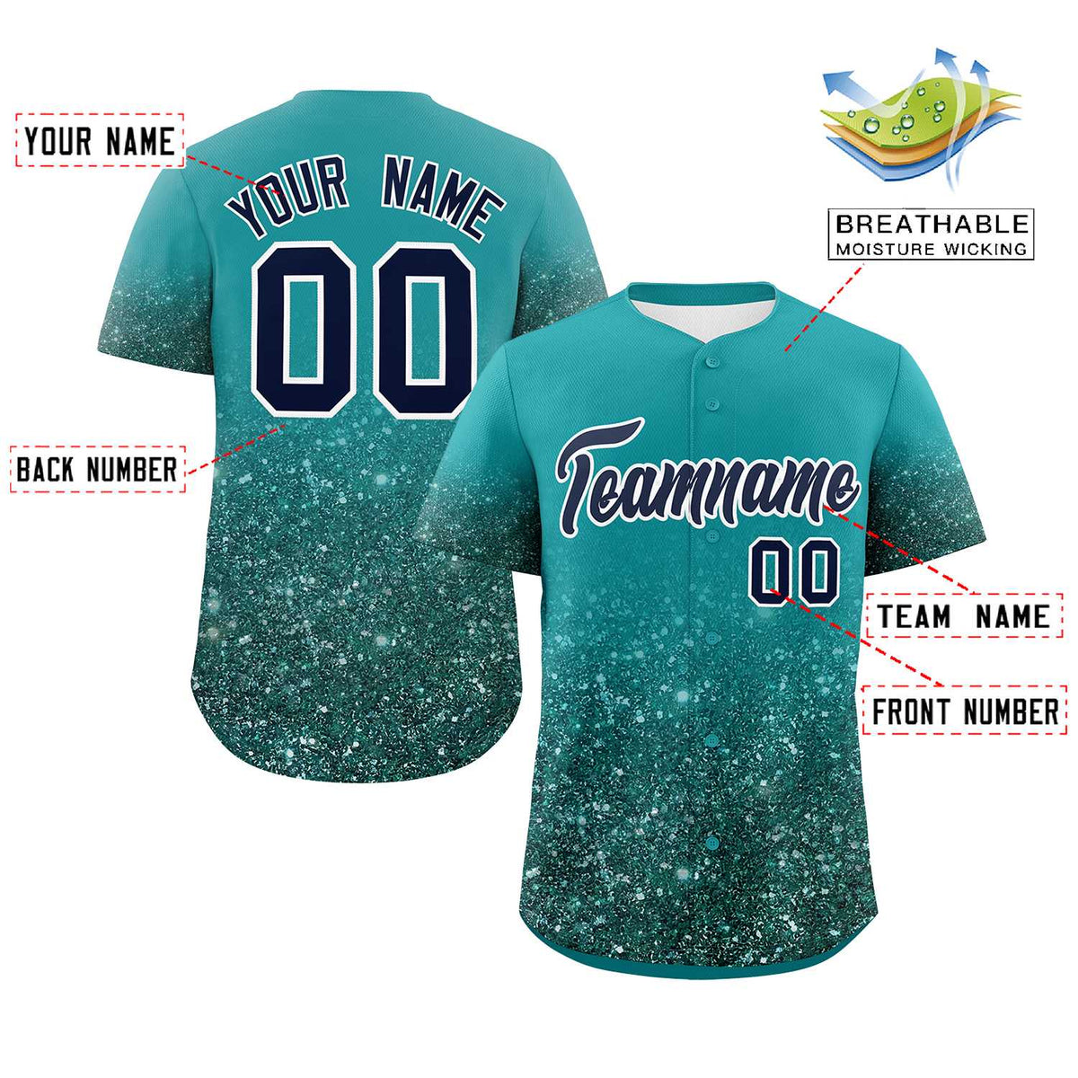 Custom Aqua Black Sparkle-Effect Pattern Gradient Fashion Authentic Baseball Jersey
