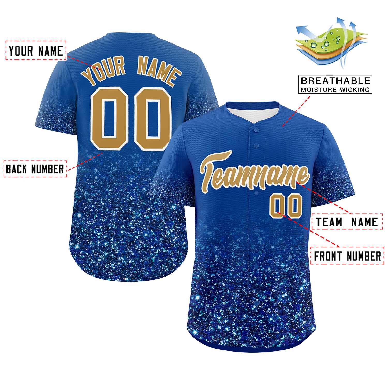Custom Royal Old Gold Sparkle-Effect Pattern Gradient Fashion Authentic Baseball Jersey