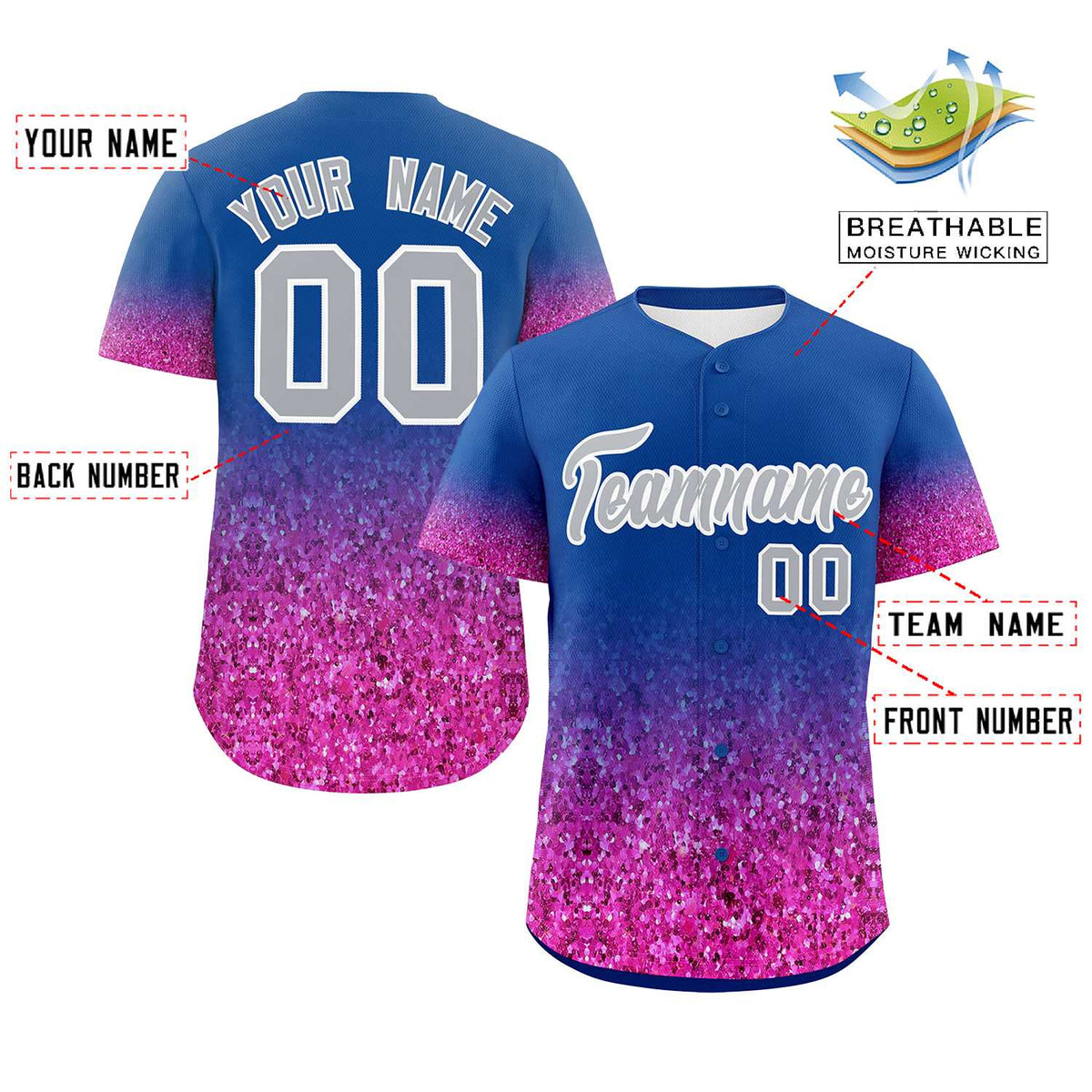 Custom Royal Gray Sparkle-Effect Pattern Gradient Fashion Authentic Baseball Jersey