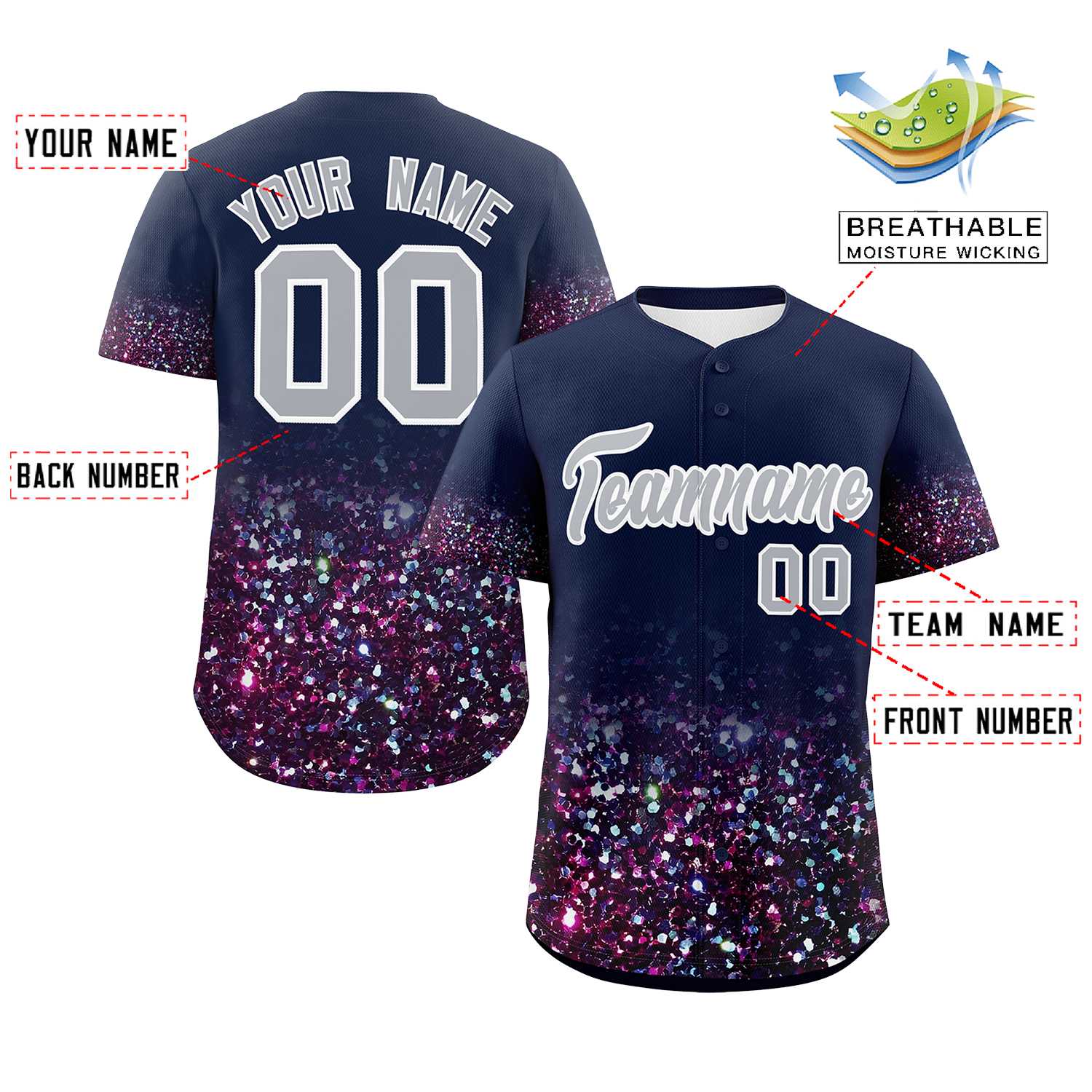 Custom Navy Gray Sparkle-Effect Pattern Gradient Fashion Authentic Baseball Jersey