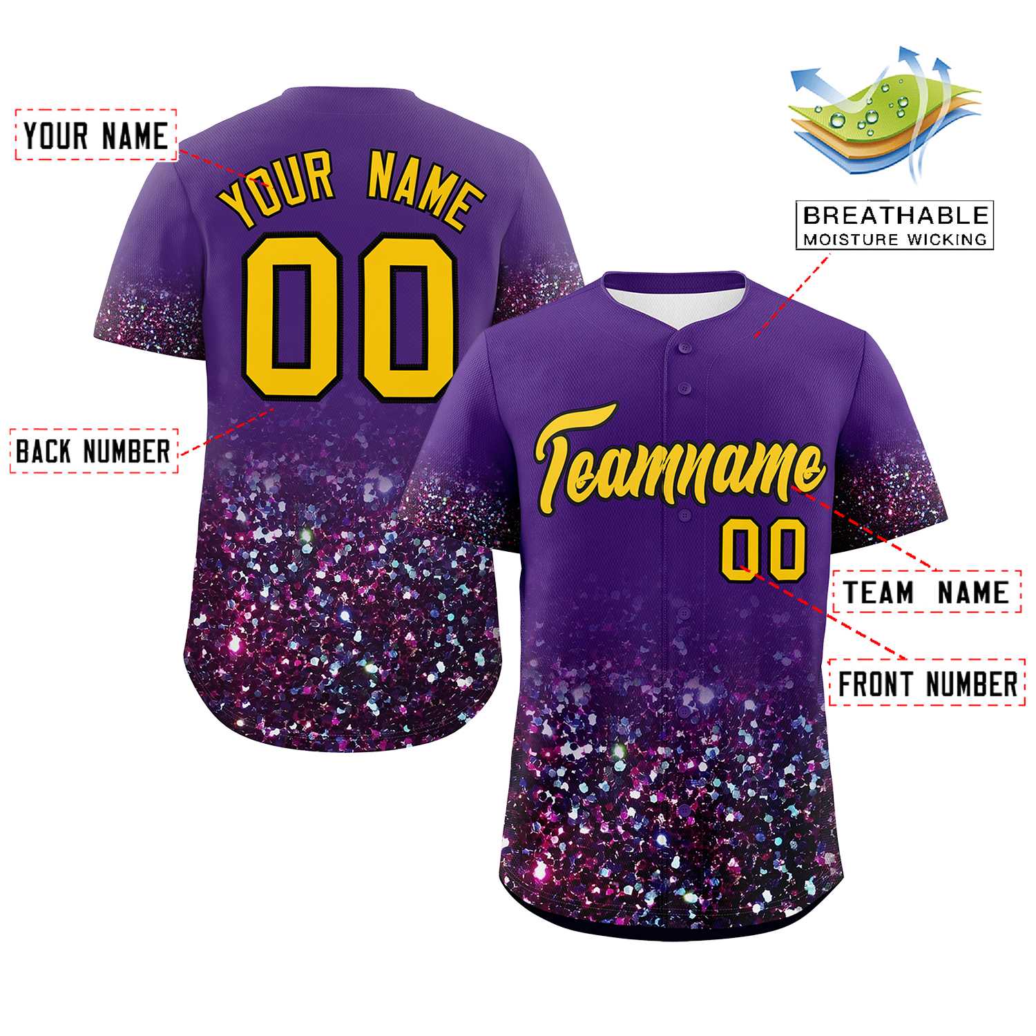 Custom Purple Gold Sparkle-Effect Pattern Gradient Fashion Authentic Baseball Jersey