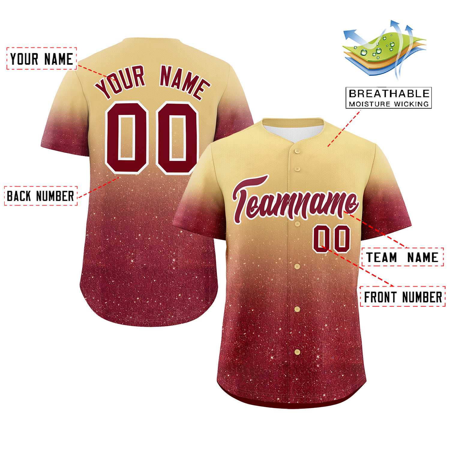 Custom Khaki Crimson Sparkle-Effect Pattern Gradient Fashion Authentic Baseball Jersey