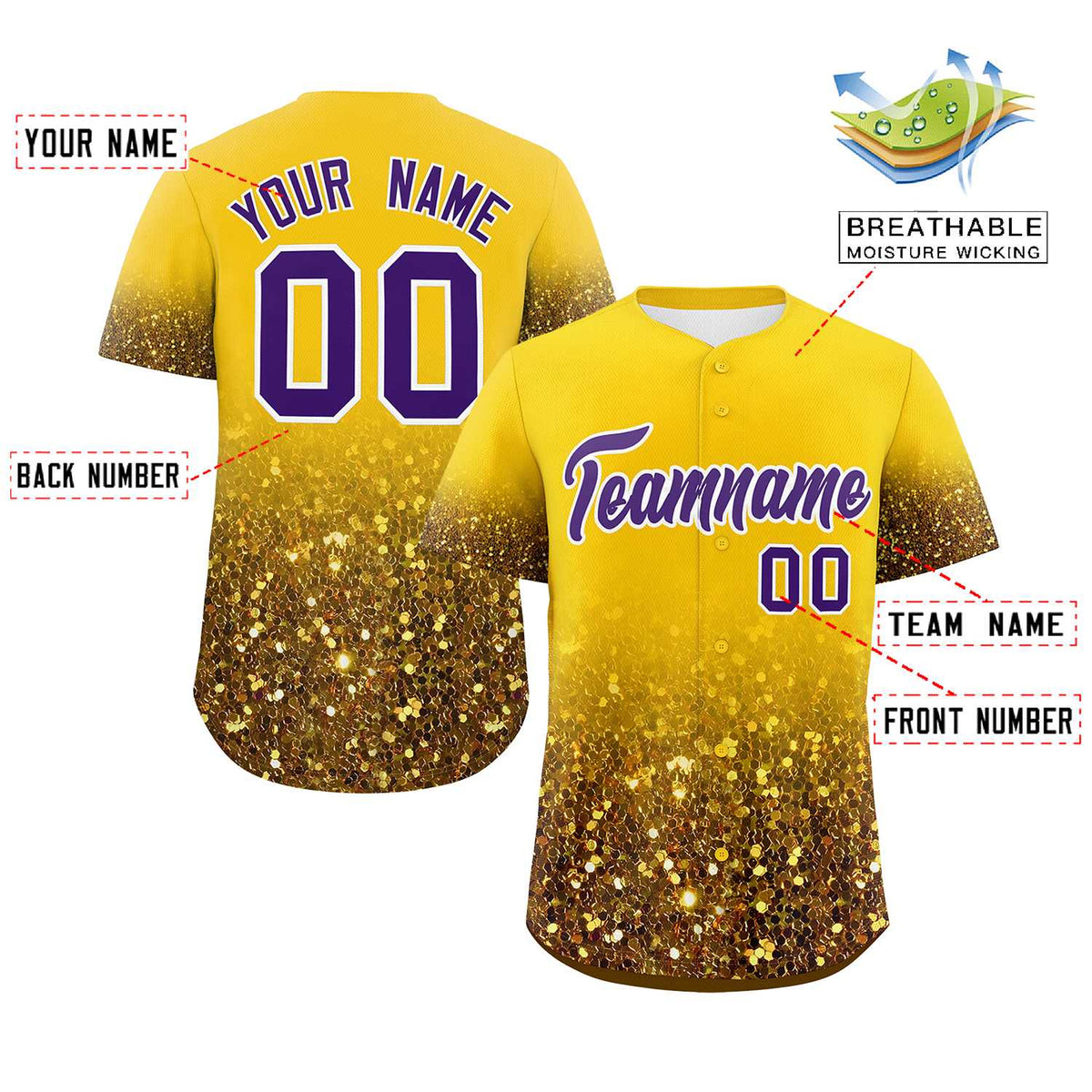 Custom Gold Purple Sparkle-Effect Pattern Gradient Fashion Authentic Baseball Jersey