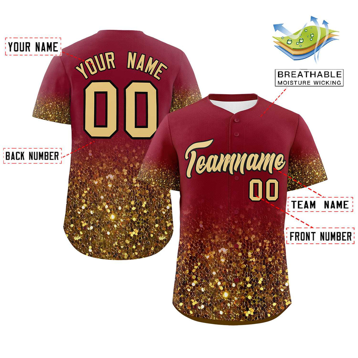 Custom Crimson Old Gold Sparkle-Effect Pattern Gradient Fashion Authentic Baseball Jersey