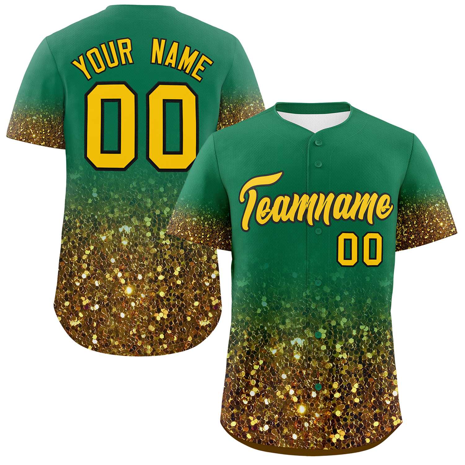 Custom Kelly Green Gold Sparkle-Effect Pattern Gradient Fashion Authentic Baseball Jersey