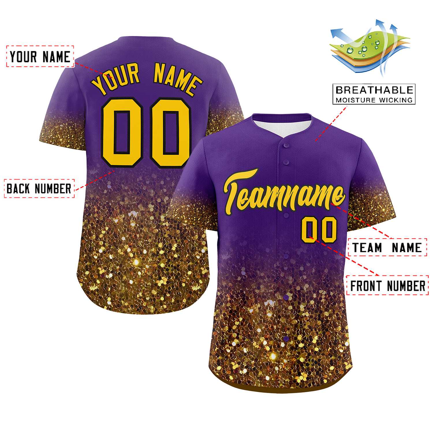 Custom Purple Gold Sparkle-Effect Pattern Gradient Fashion Authentic Baseball Jersey