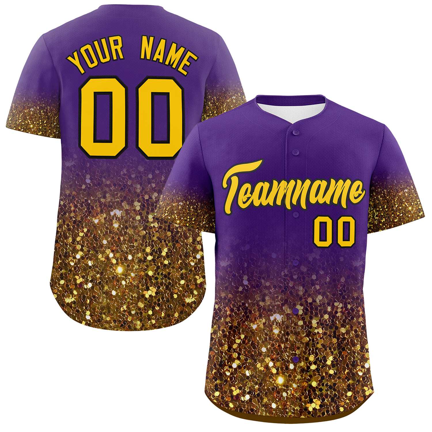 Custom Purple Gold Sparkle-Effect Pattern Gradient Fashion Authentic Baseball Jersey