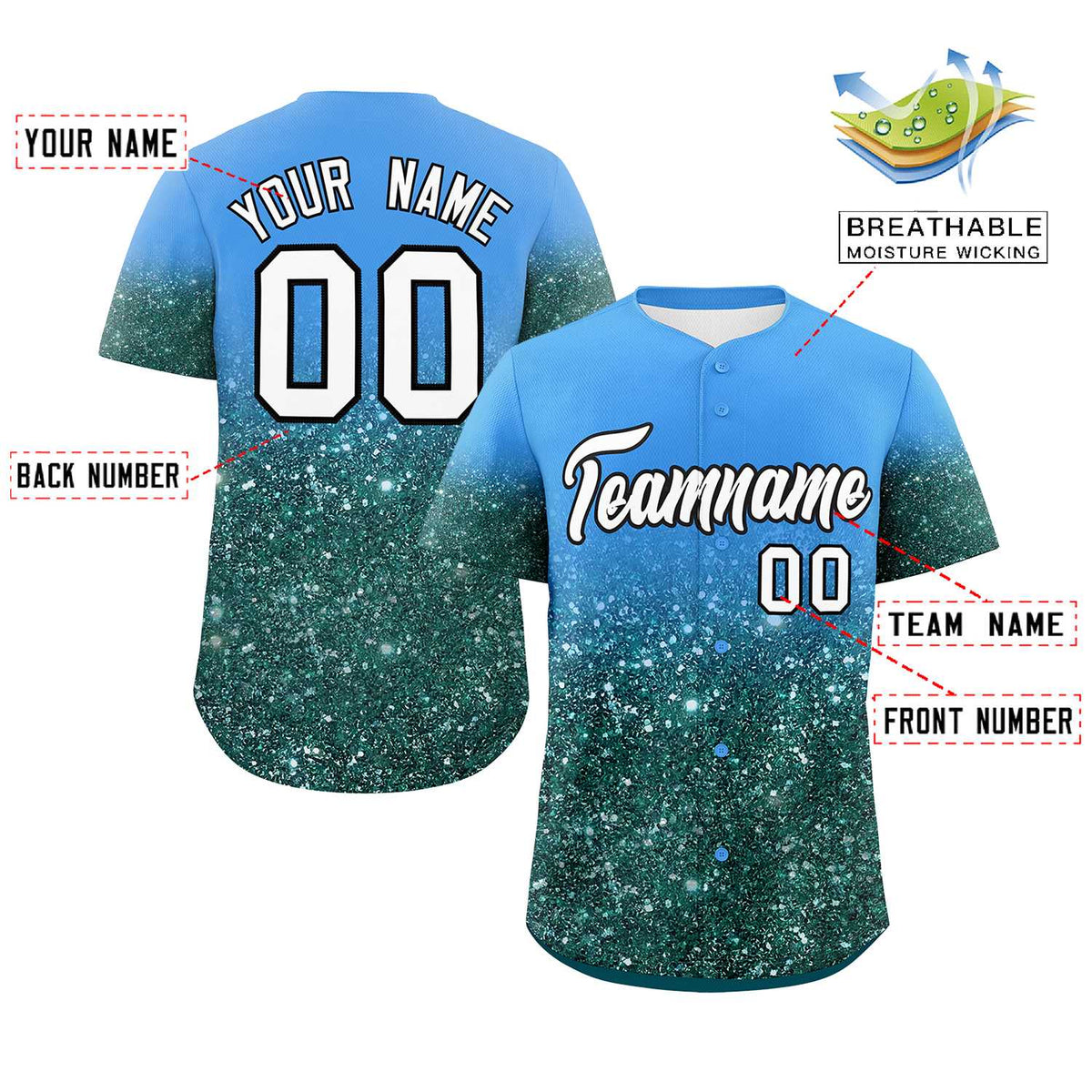 Custom Powder Blue White Sparkle-Effect Pattern Gradient Fashion Authentic Baseball Jersey