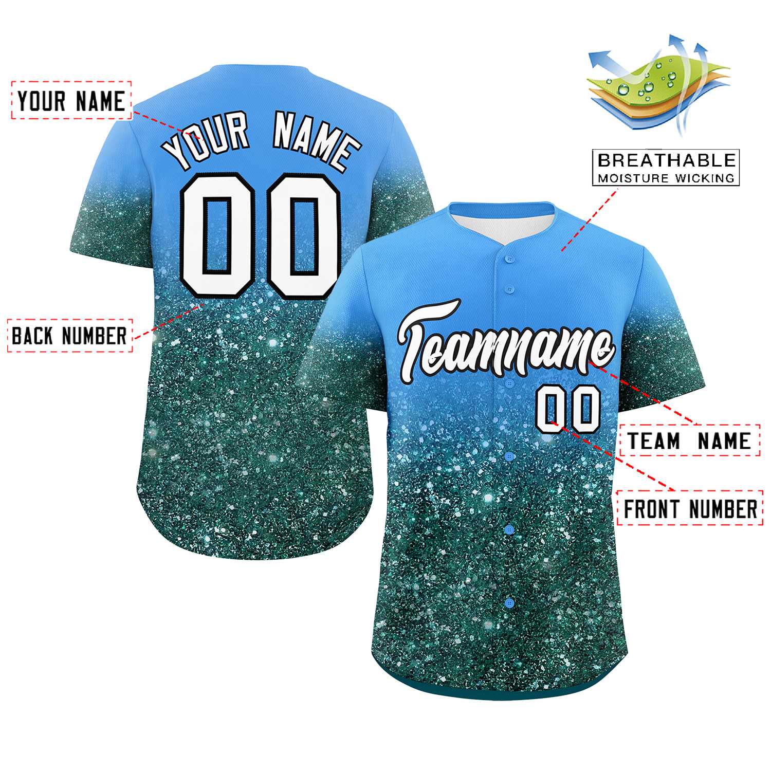 Custom Powder Blue White Sparkle-Effect Pattern Gradient Fashion Authentic Baseball Jersey