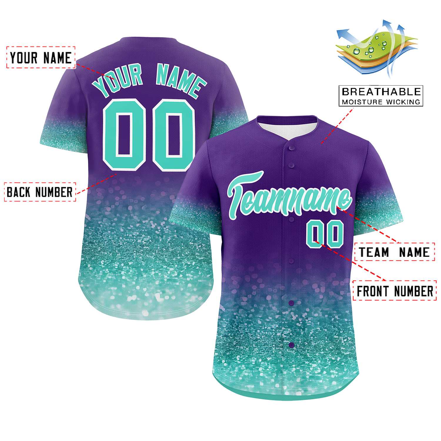 Custom Purple Aqua Sparkle-Effect Pattern Gradient Fashion Authentic Baseball Jersey
