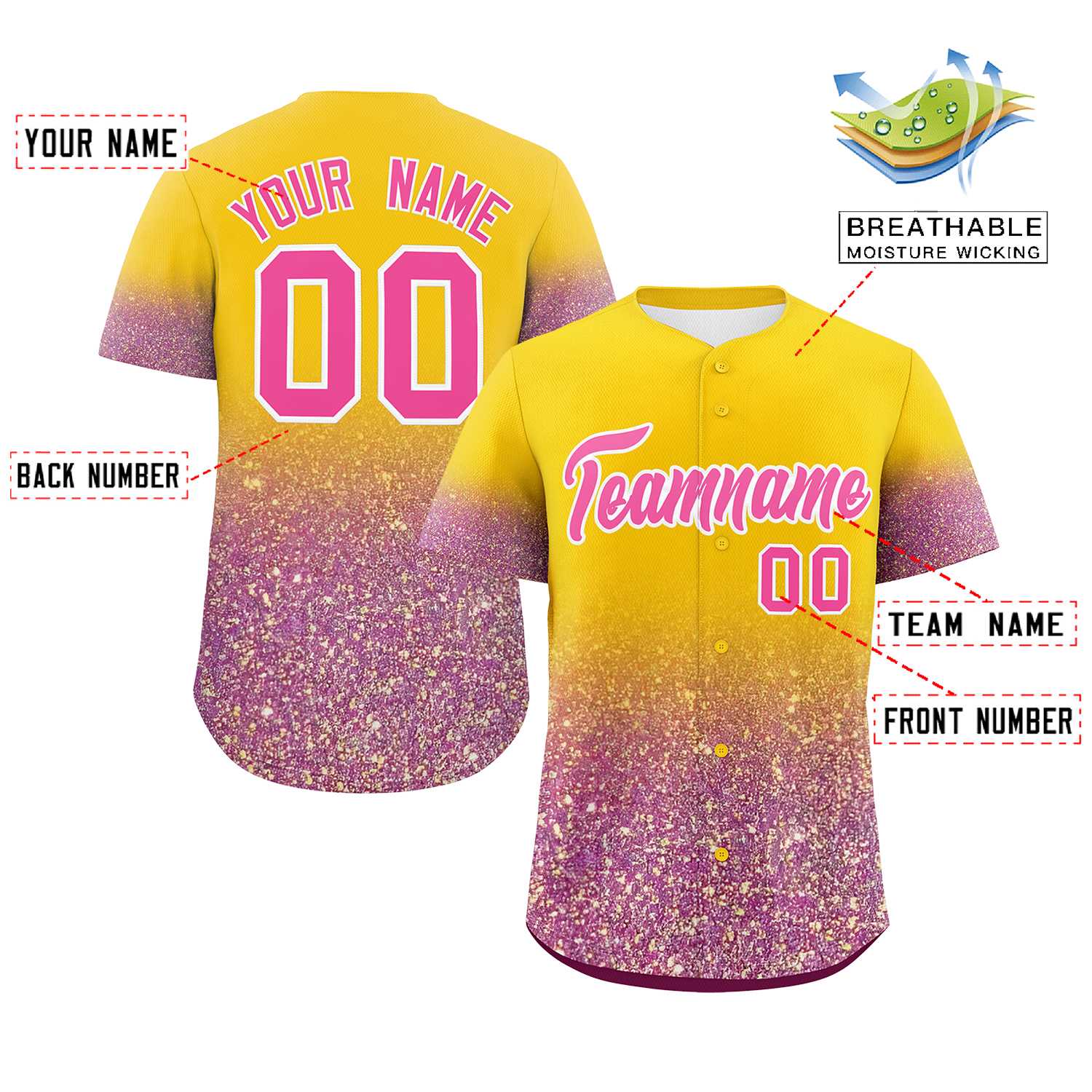 Custom Gold Pink Sparkle-Effect Pattern Gradient Fashion Authentic Baseball Jersey