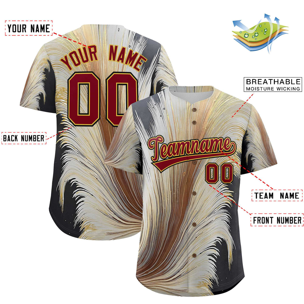 Custom Crimson Old Gold Fluid Feather Graffiti Pattern Authentic Baseball Jersey