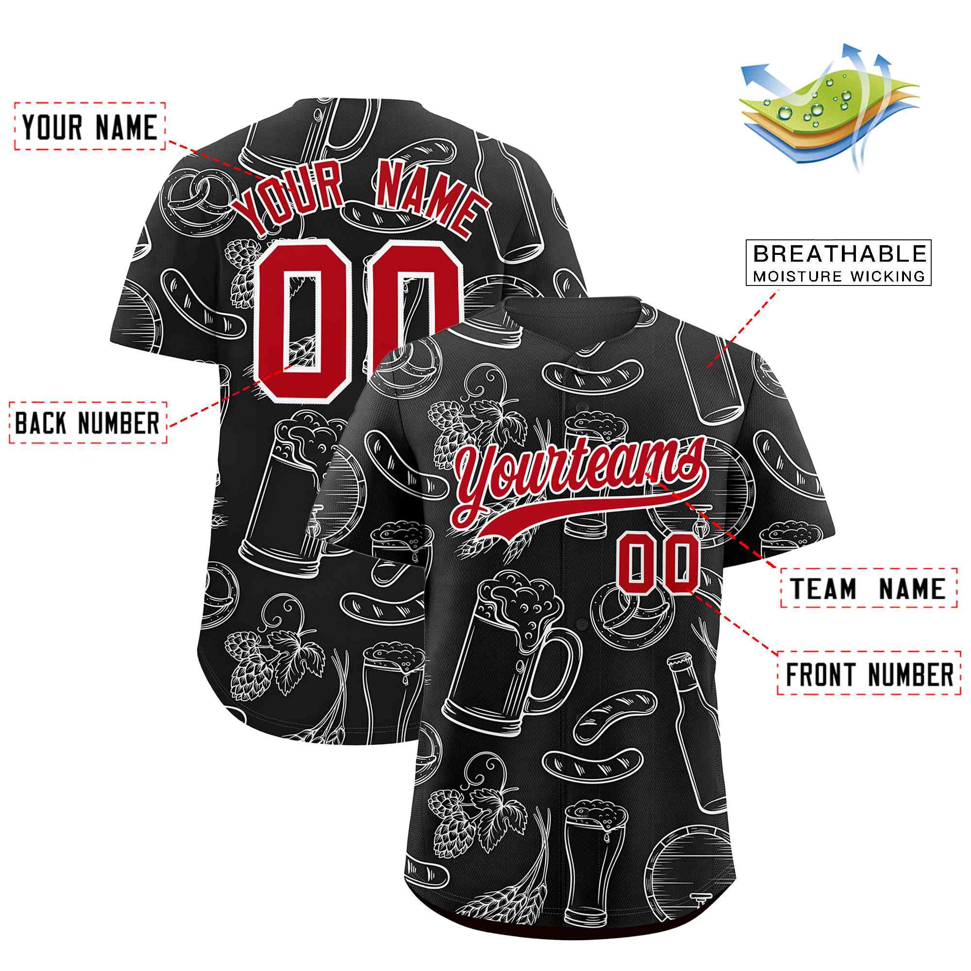 Custom Black White National Beer Day Personalized Beer Pattern Baseball Jersey | Suitable For Groups Or Parties | KXKSHOP