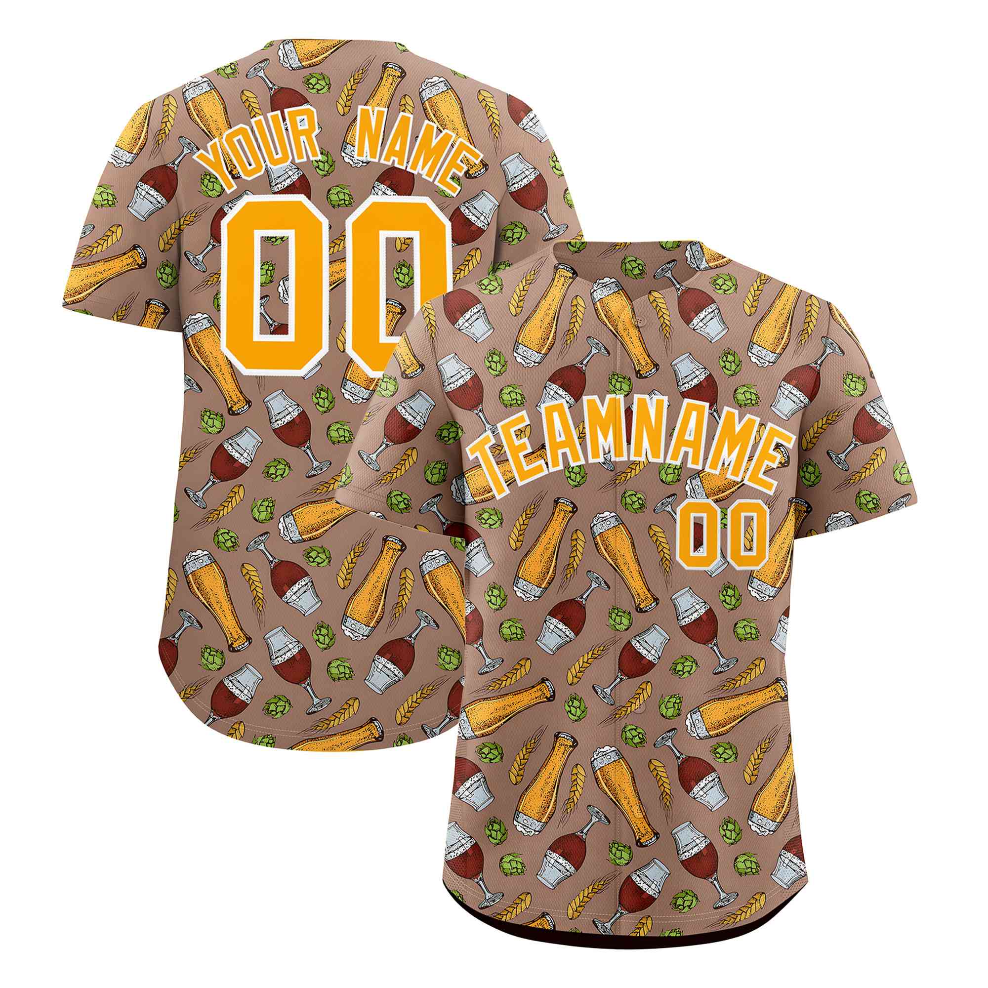 Custom Old Gold National Beer Day Personalized Beer Pattern Baseball Jersey | Suitable For Groups Or Parties | KXKSHOP