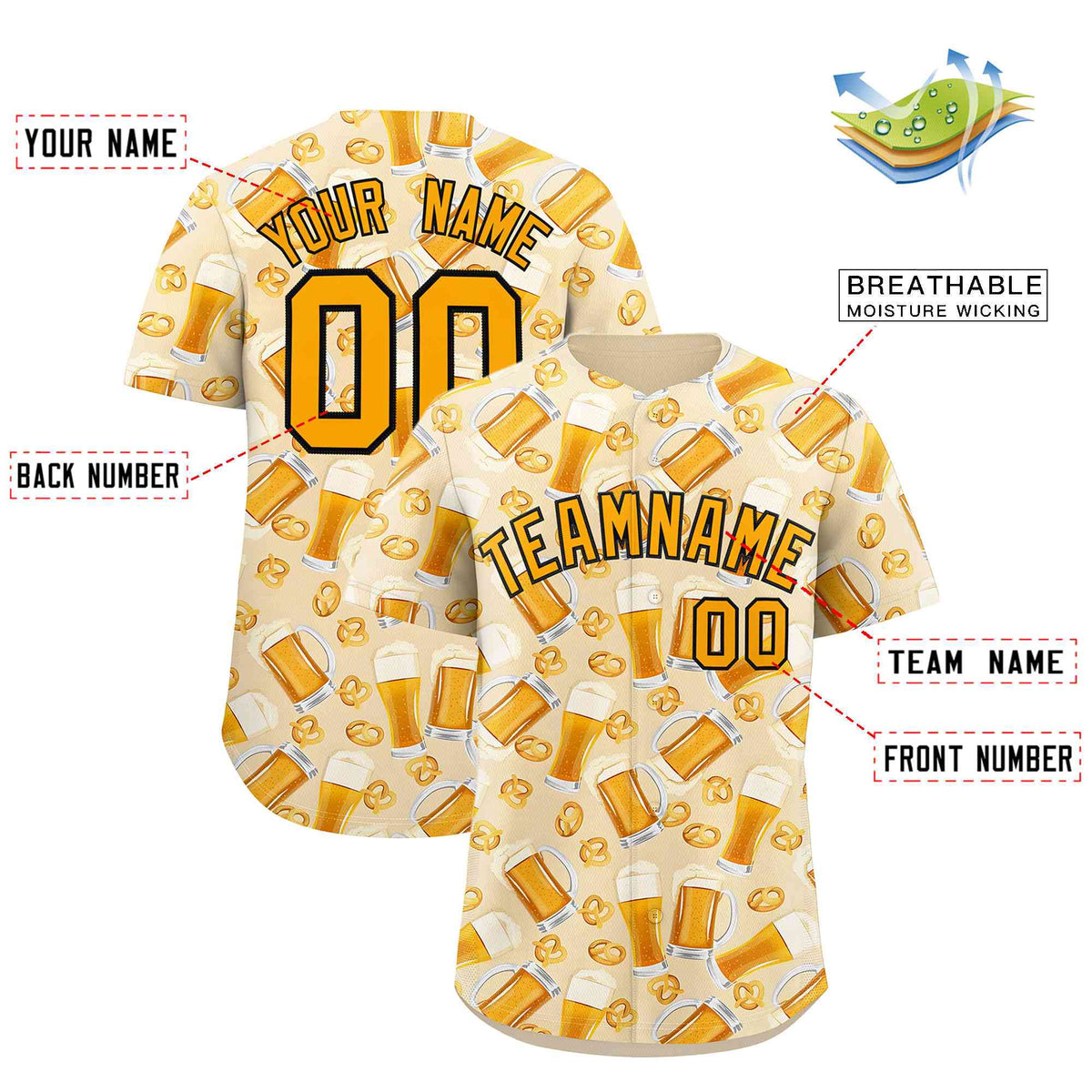 Custom Cream Orange National Beer Day Personalized Beer Pattern Baseball Jersey | Suitable For Groups Or Parties | KXKSHOP