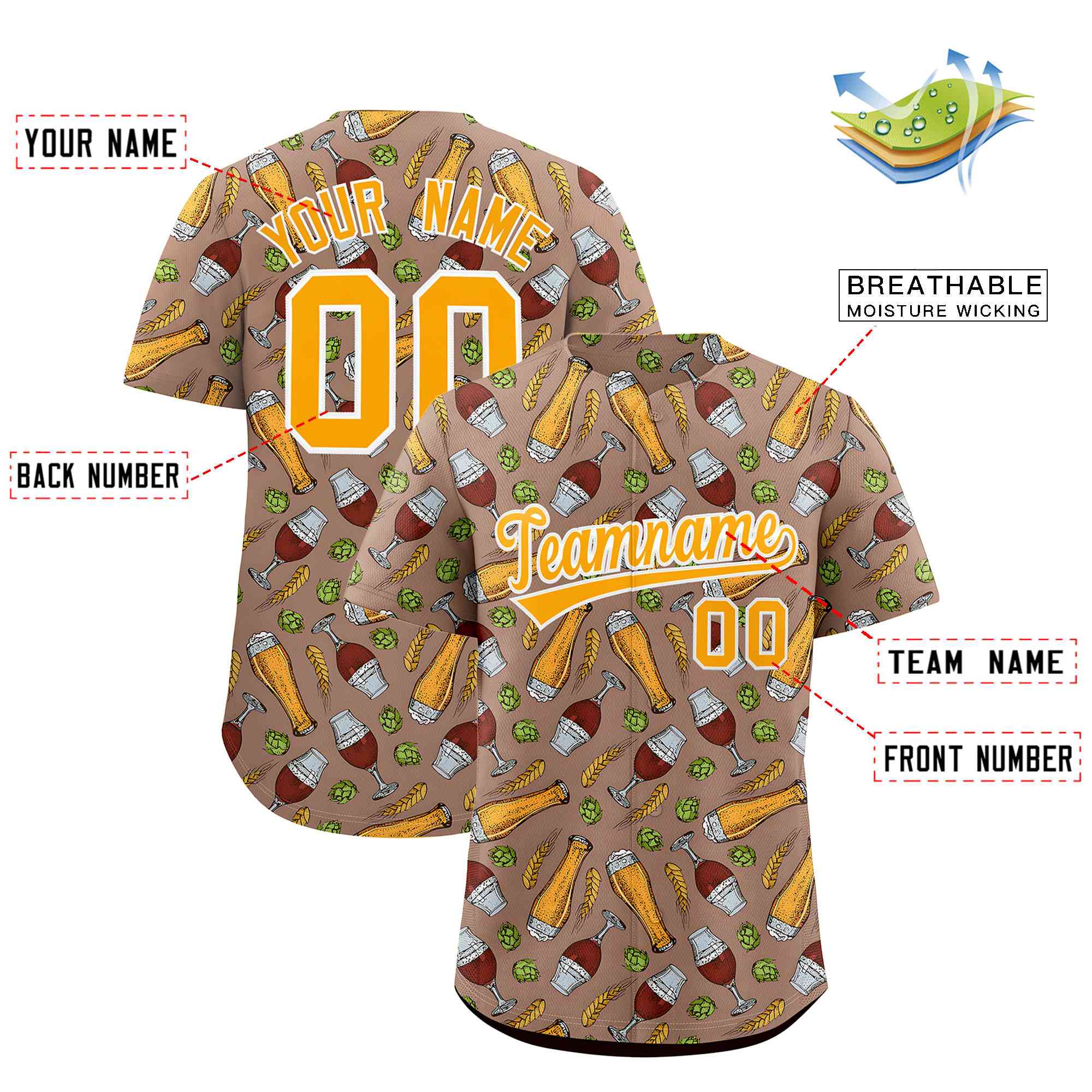 Custom Old Gold National Beer Day Personalized Beer Pattern Baseball Jersey | Suitable For Groups Or Parties | KXKSHOP
