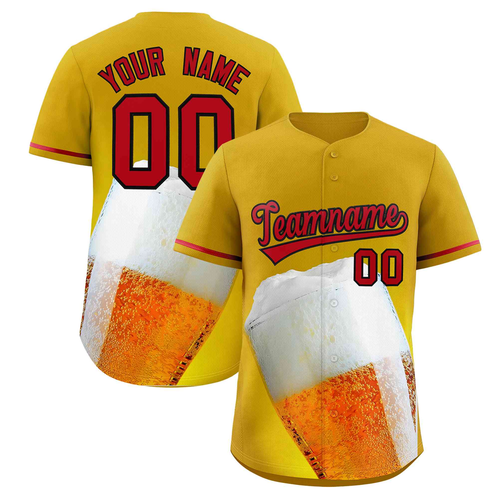 Custom Old Gold Red National Beer Day Personalized Beer Pattern Baseball Jersey | Suitable For Groups Or Parties | KXKSHOP