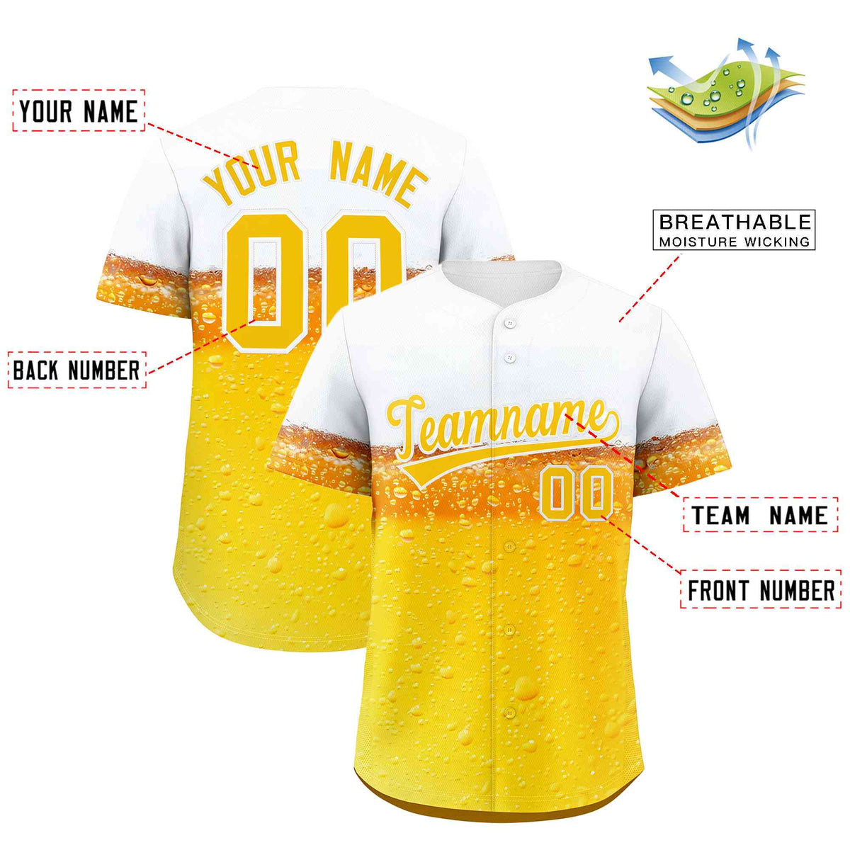 Custom Gold White National Beer Day Personalized Beer Pattern Baseball Jersey | Suitable For Groups Or Parties | KXKSHOP