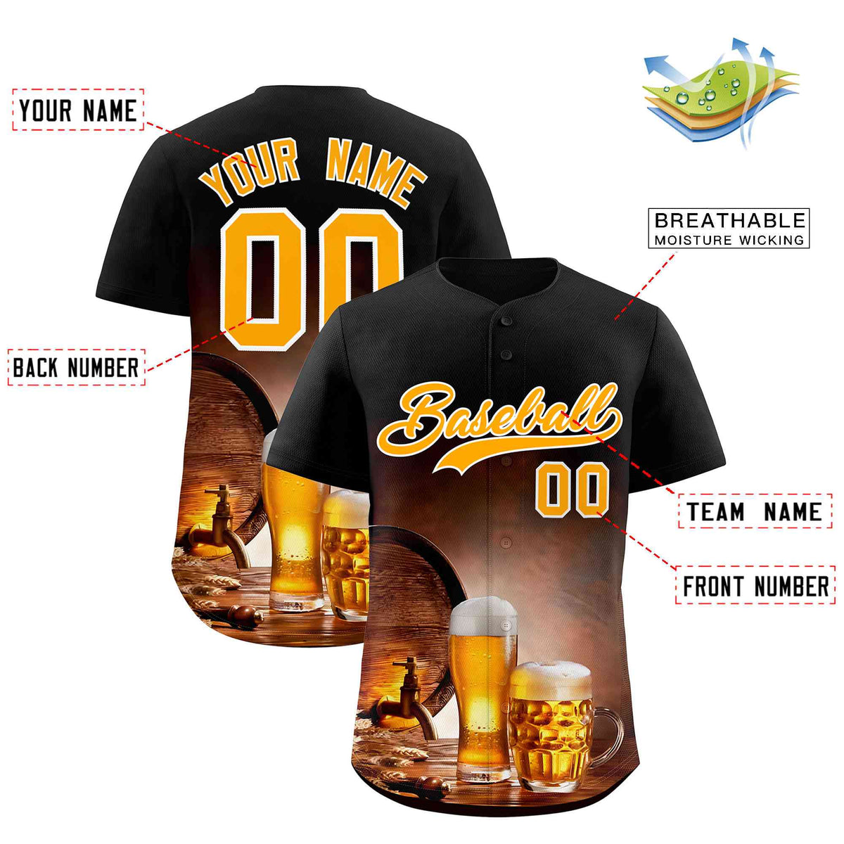 Custom Black National Beer Day Personalized Beer Pattern Baseball Jersey | Suitable For Groups Or Parties | KXKSHOP