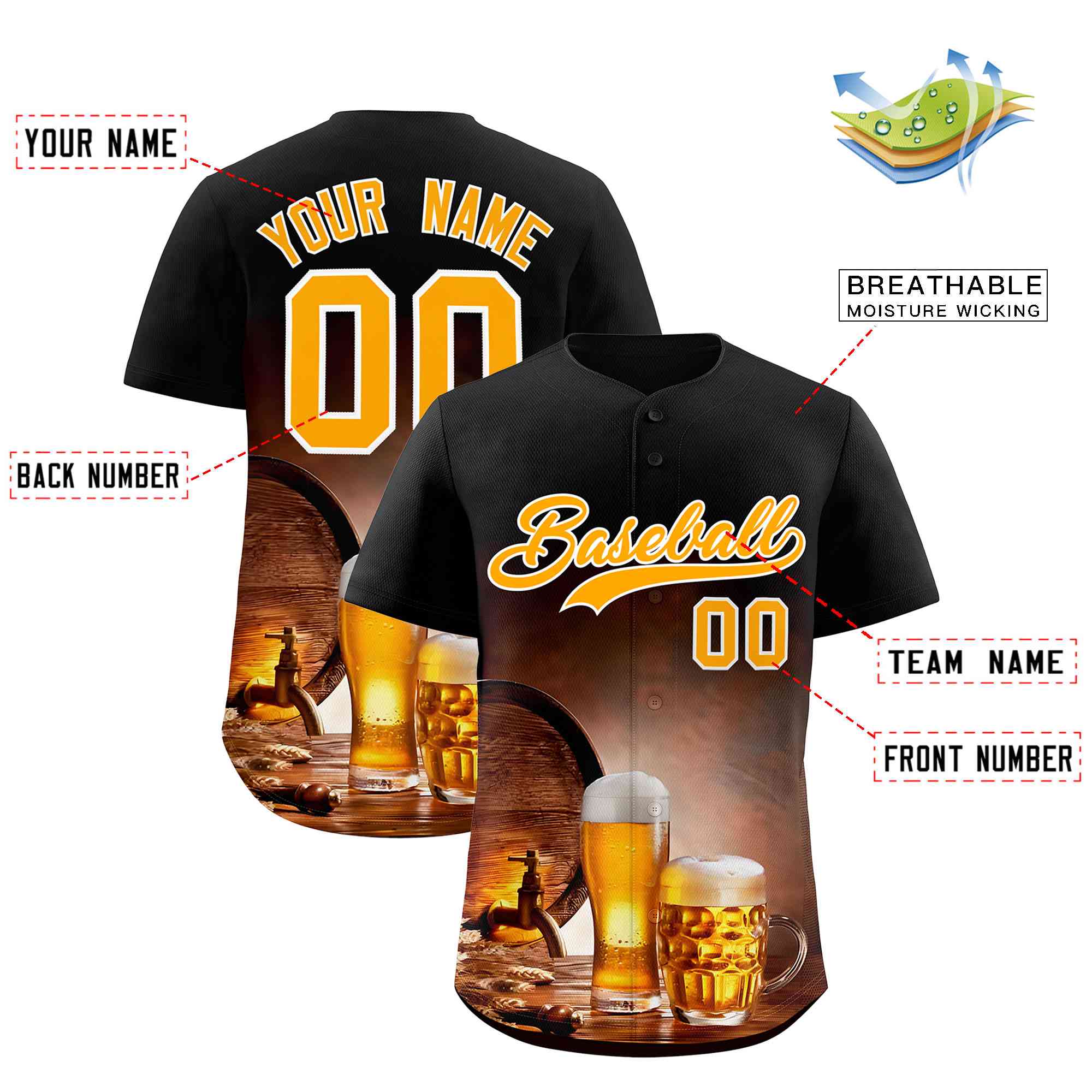 Custom Black National Beer Day Personalized Beer Pattern Baseball Jersey | Suitable For Groups Or Parties | KXKSHOP