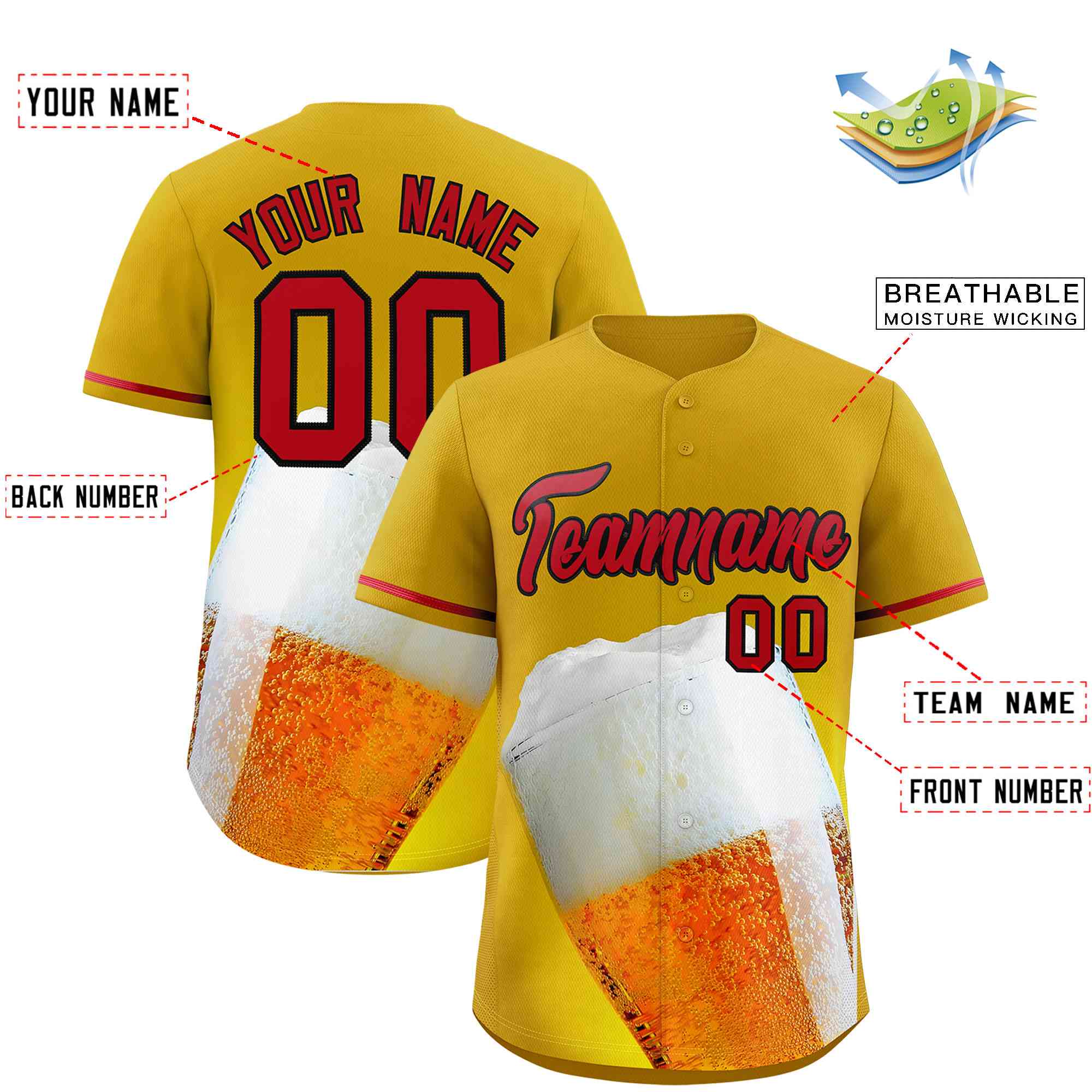 Custom Old Gold Red National Beer Day Personalized Beer Pattern Baseball Jersey | Suitable For Groups Or Parties | KXKSHOP