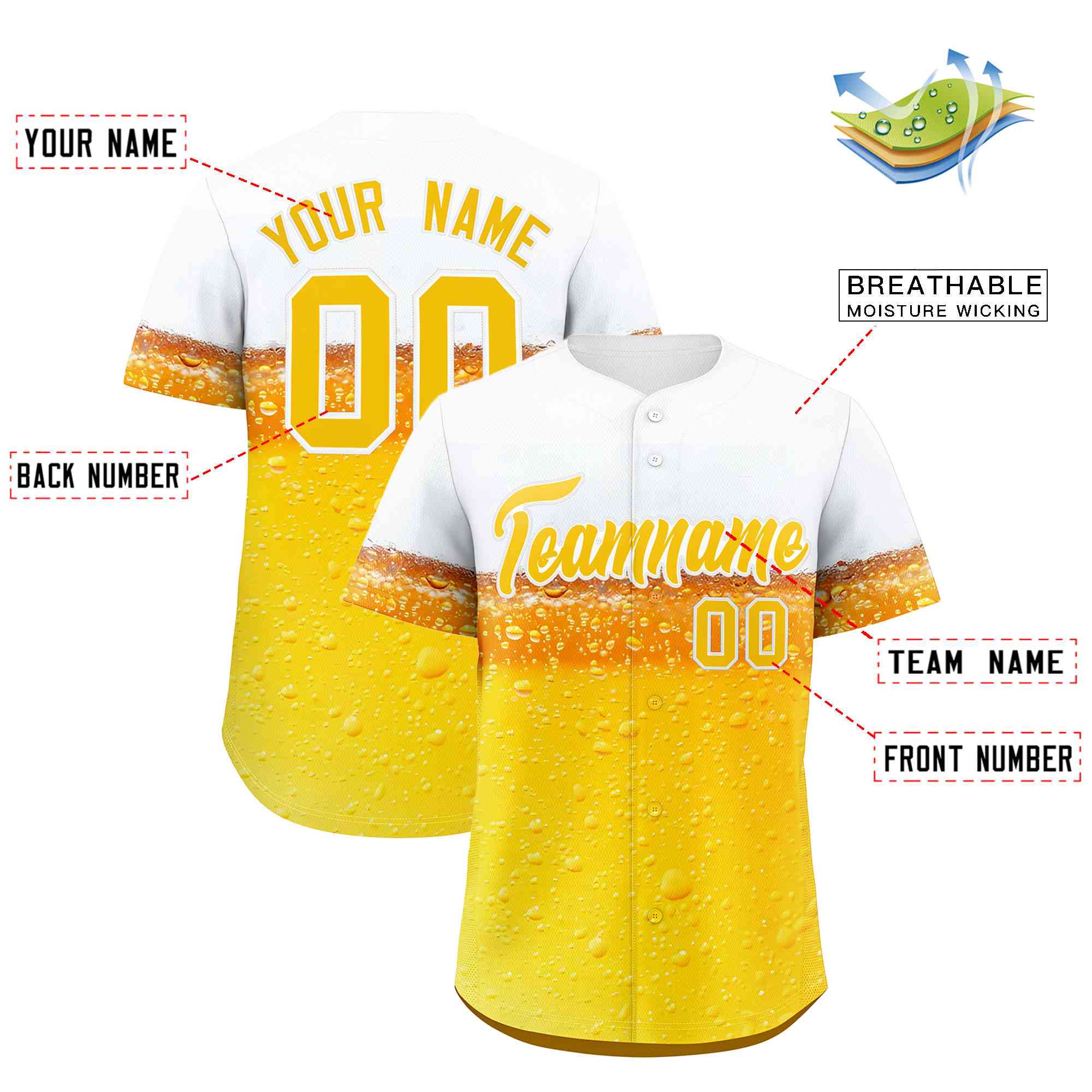Custom Gold White National Beer Day Personalized Beer Pattern Baseball Jersey | Suitable For Groups Or Parties | KXKSHOP