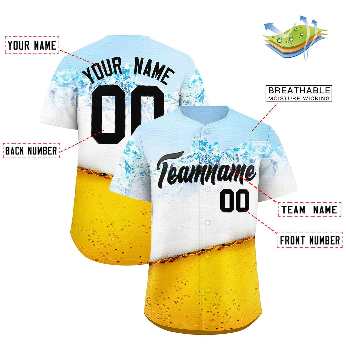 Custom Gold Light Blue National Beer Day Personalized Beer Pattern Baseball Jersey | Suitable For Groups Or Parties | KXKSHOP