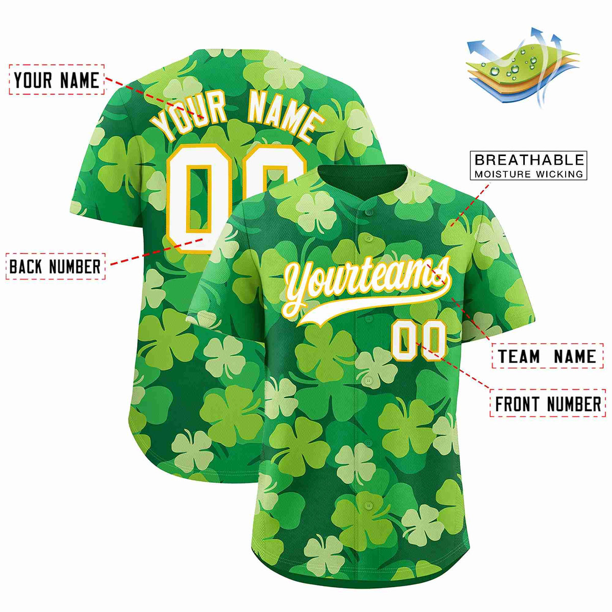 Custom Kelly Green White St.Patrick's Day Personalized Four Leaf Clover Pattern Baseball Jersey