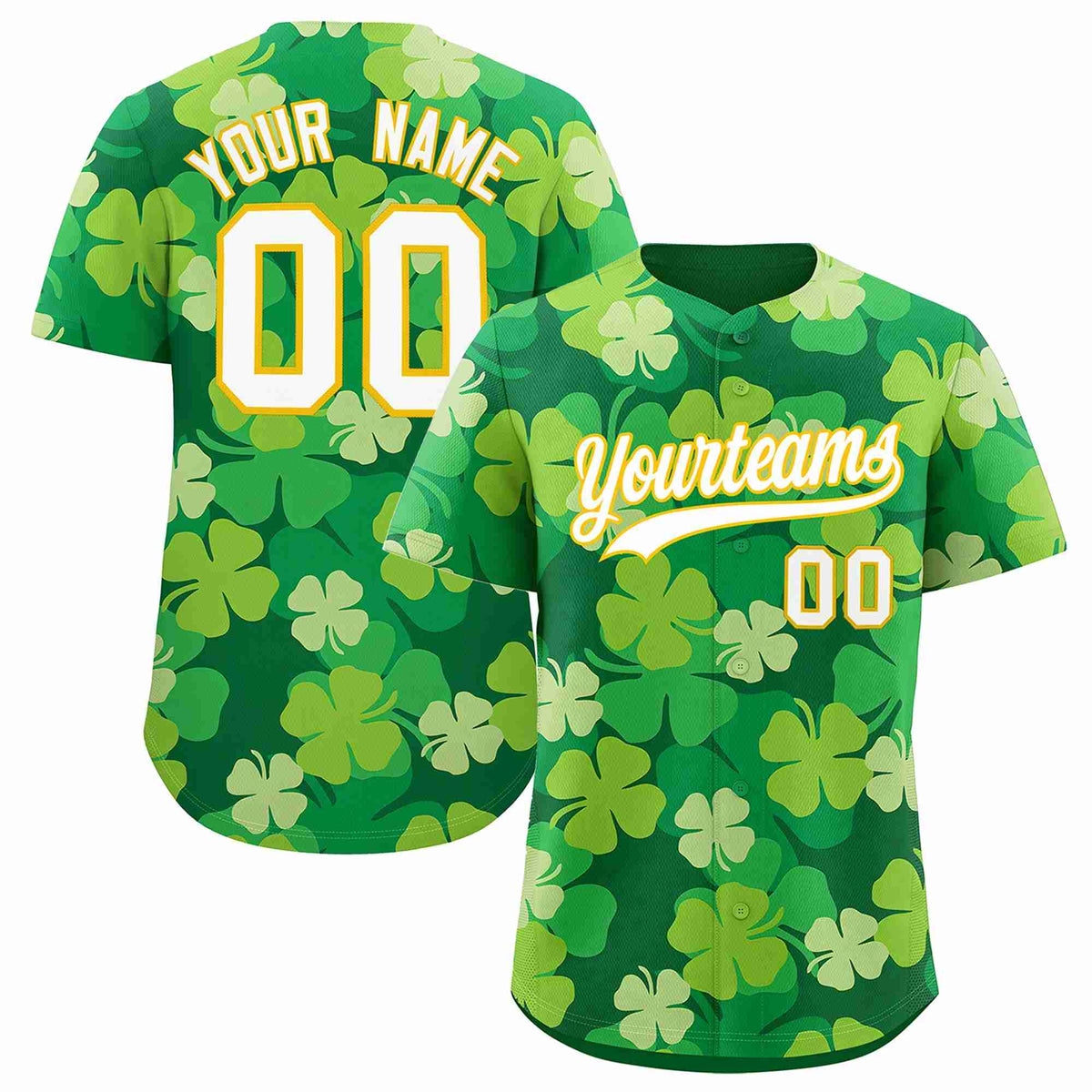 Custom Kelly Green White St.Patrick's Day Personalized Four Leaf Clover Pattern Baseball Jersey