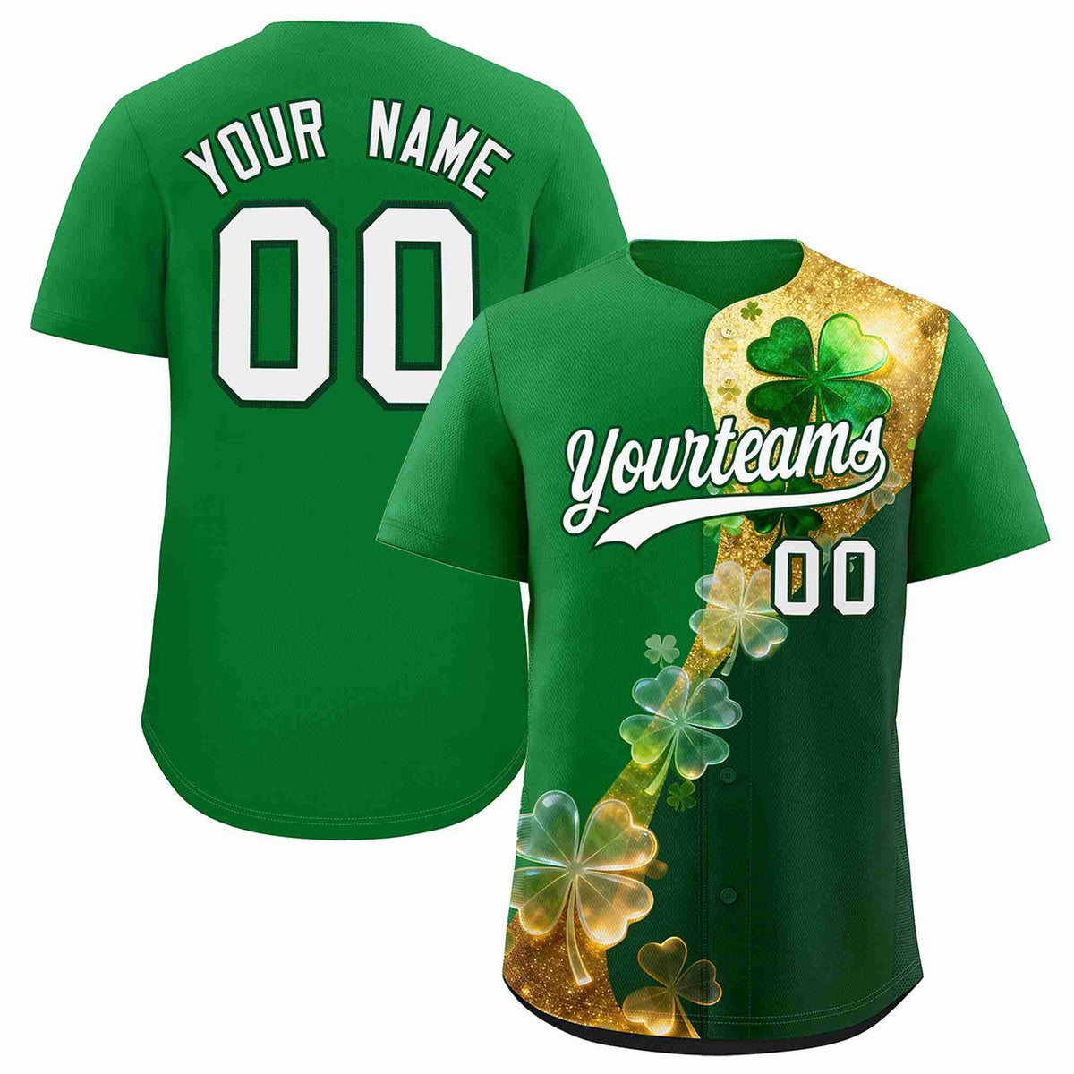 Custom Kelly Green Green St.Patrick's Day Personalized Four Leaf Clover Pattern Baseball Jersey
