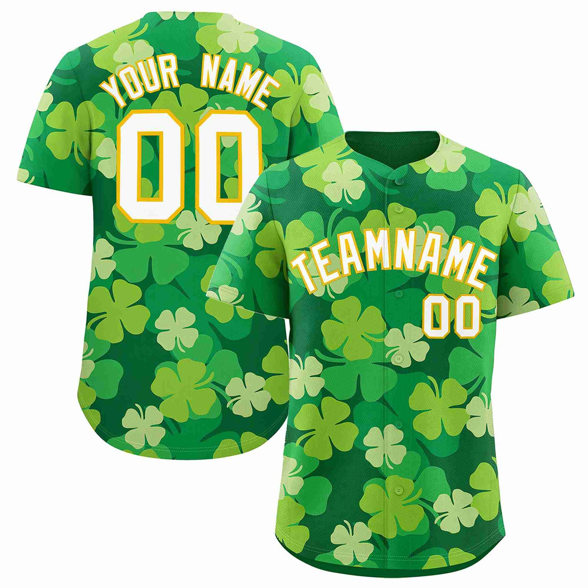 Custom Kelly Green White St.Patrick's Day Personalized Four Leaf Clover Pattern Baseball Jersey