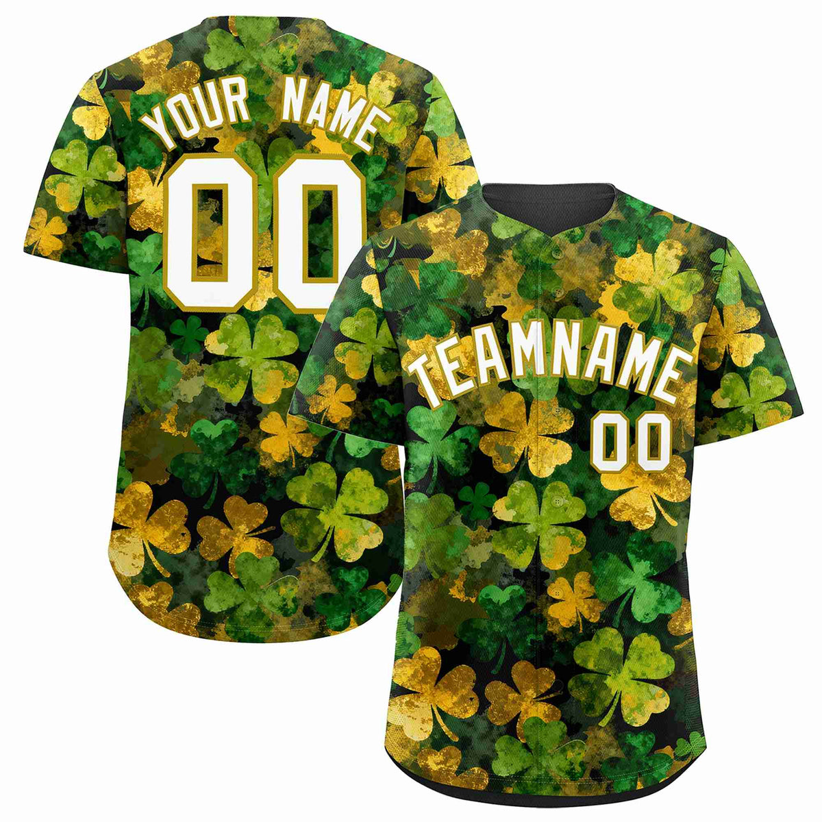 Custom Black White St.Patrick's Day Personalized Four Leaf Clover Pattern Baseball Jersey