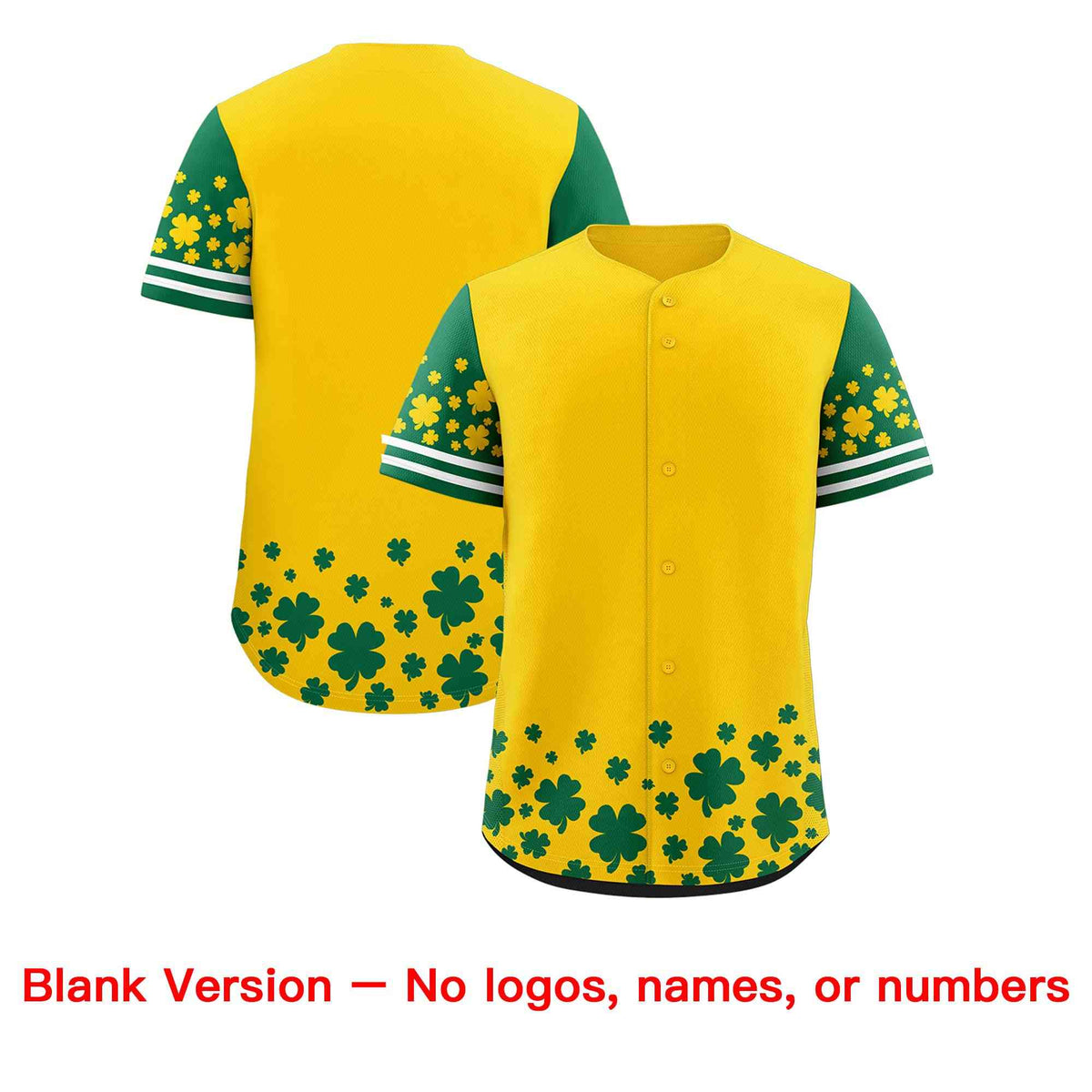 Custom Gold Kelly Green St.Patrick's Day Personalized Four Leaf Clover Pattern Baseball Jersey