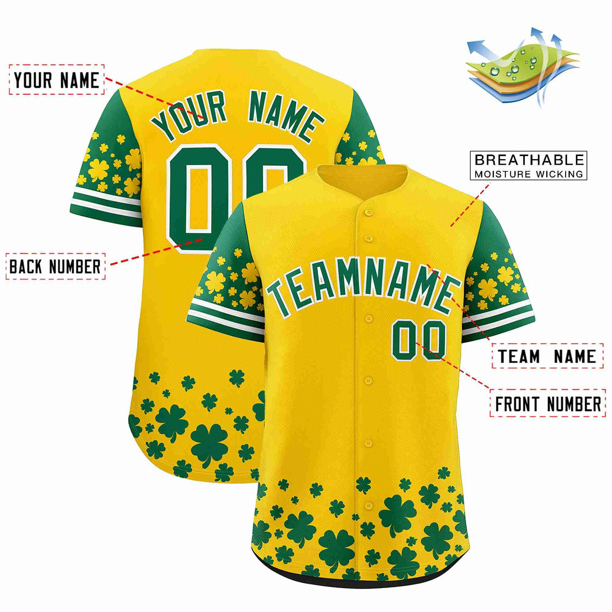 Custom Gold Kelly Green St.Patrick's Day Personalized Four Leaf Clover Pattern Baseball Jersey