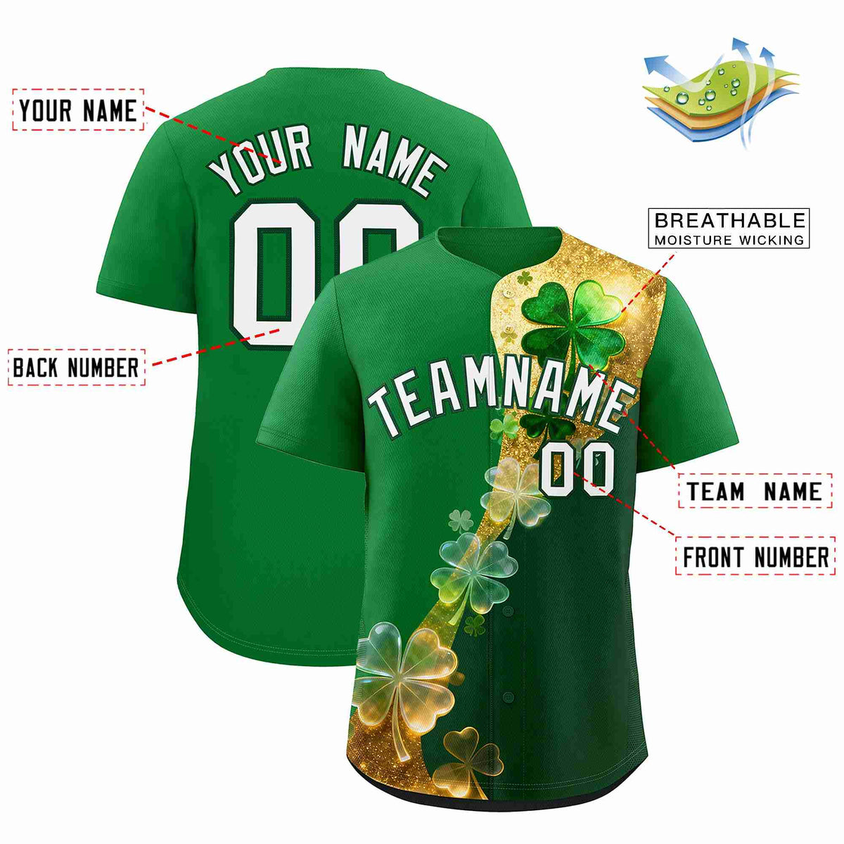 Custom Kelly Green Green St.Patrick's Day Personalized Four Leaf Clover Pattern Baseball Jersey