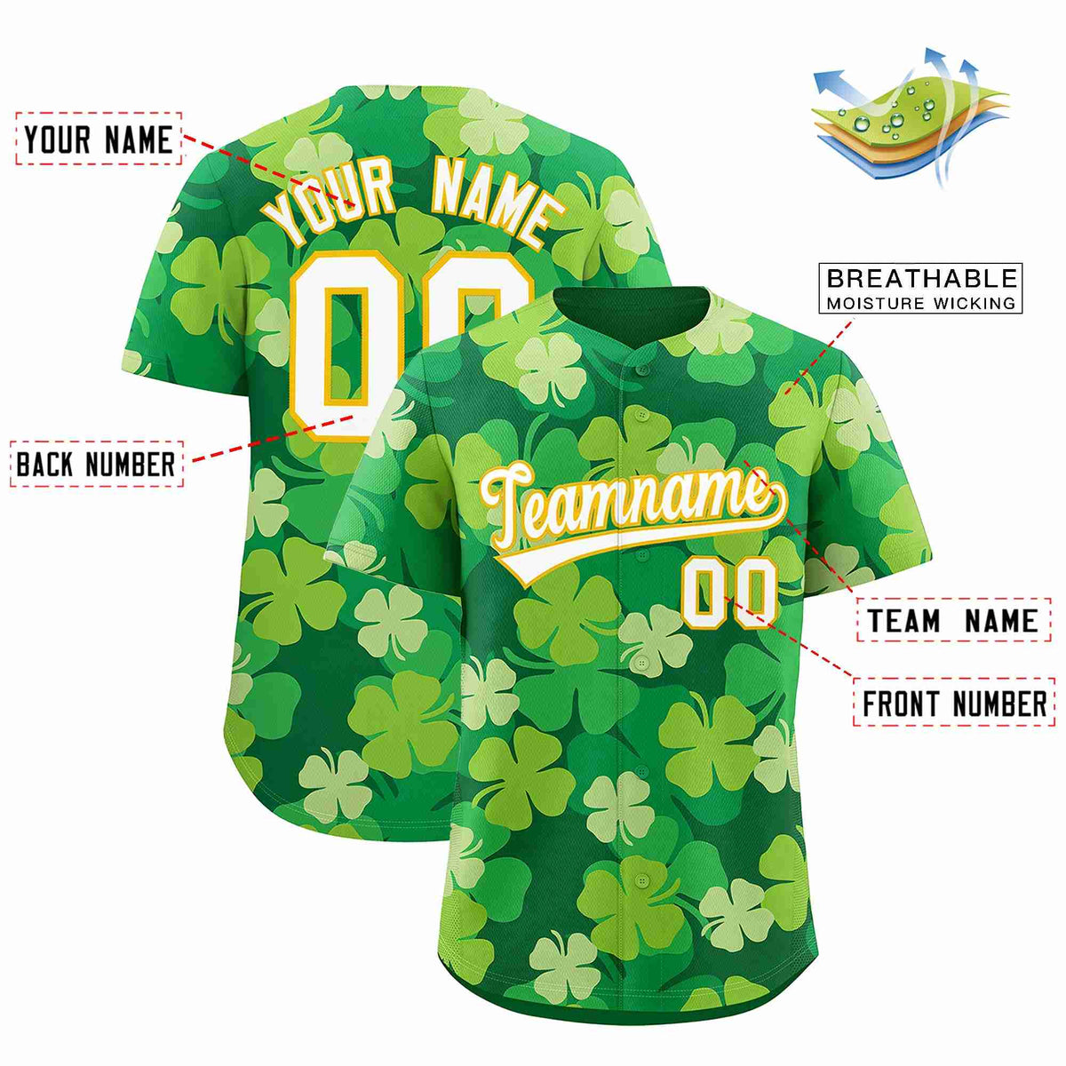 Custom Kelly Green White St.Patrick's Day Personalized Four Leaf Clover Pattern Baseball Jersey| KXKSHOP
