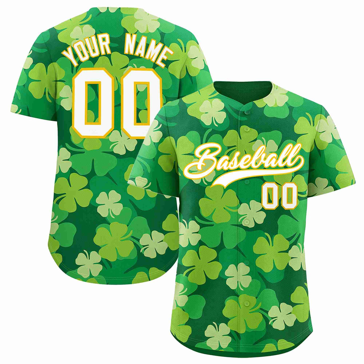 Custom Kelly Green White St.Patrick's Day Personalized Four Leaf Clover Pattern Baseball Jersey