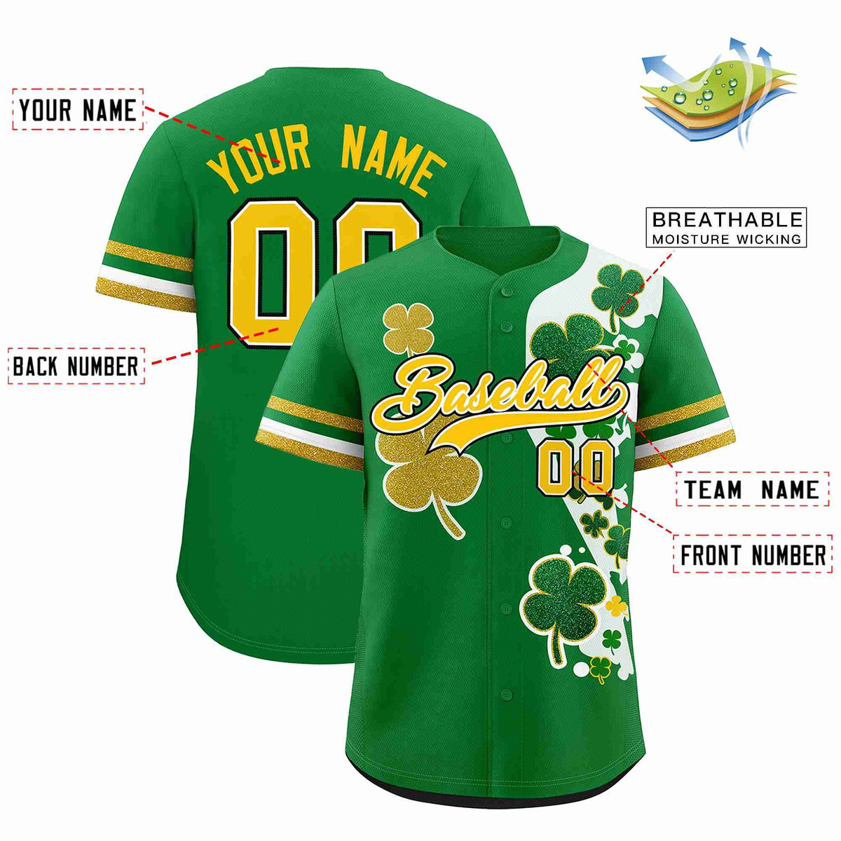 Custom Kelly Green Gold St.Patrick's Day Personalized Four Leaf Clover Pattern Baseball Jersey