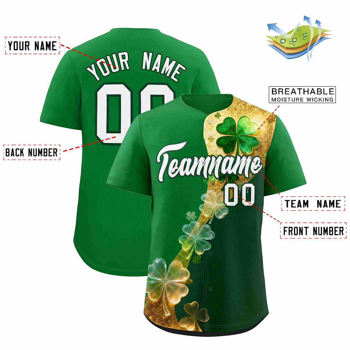Custom Kelly Green Green St.Patrick's Day Personalized Four Leaf Clover Pattern Baseball Jersey