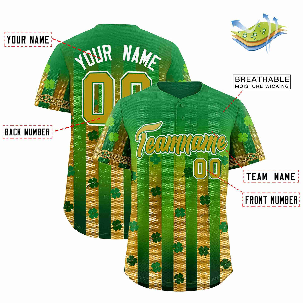 Custom Kelly Green Green St.Patrick's Day Personalized Four Leaf Clover Pattern Baseball Jersey