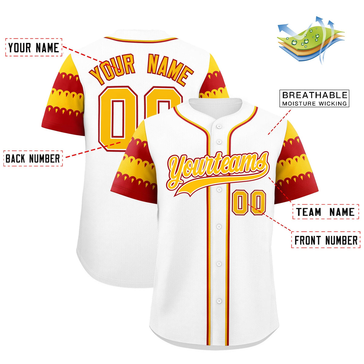 Custom White Red Gold Sleeve Flag Lace Baseball Jersey | Sublimation Printed &amp; Embroidery,Add Name and Numbern,Perfect for Teams | KXKSHOP