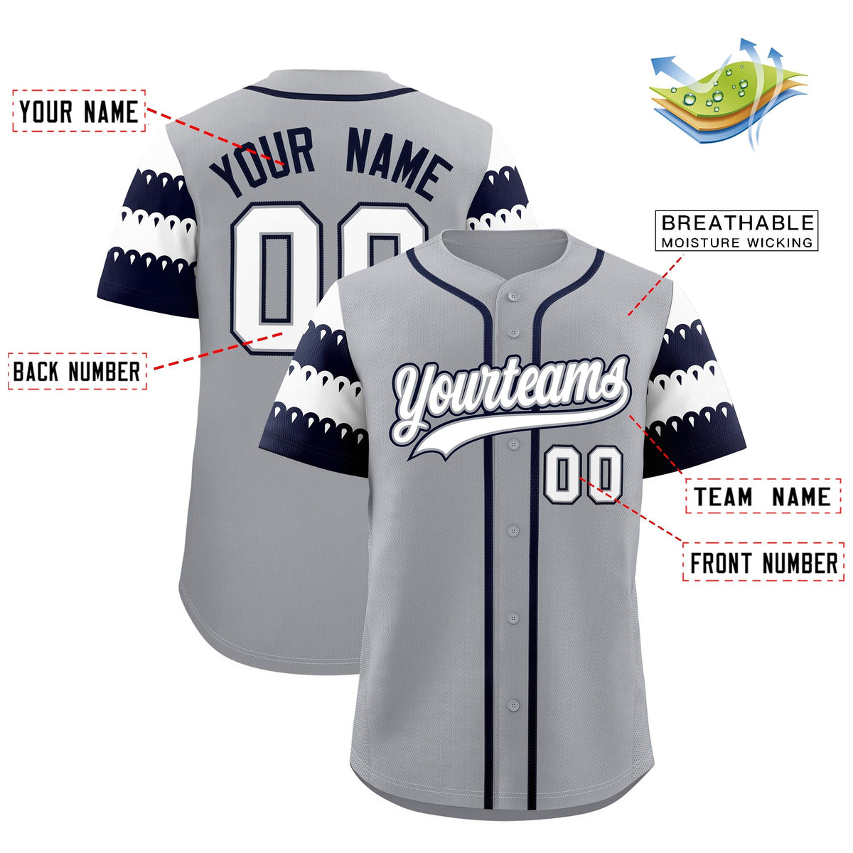 Custom Gray Navy White Sleeve Flag Lace Baseball Jersey | Sublimation Printed &amp; Embroidery,Add Name and Numbern,Perfect for Teams | KXKSHOP