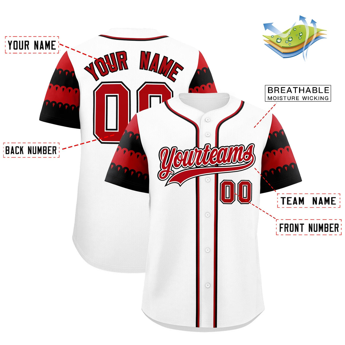 Custom White Red Black Sleeve Flag Lace Baseball Jersey | Sublimation Printed &amp; Embroidery,Add Name and Numbern,Perfect for Teams | KXKSHOP