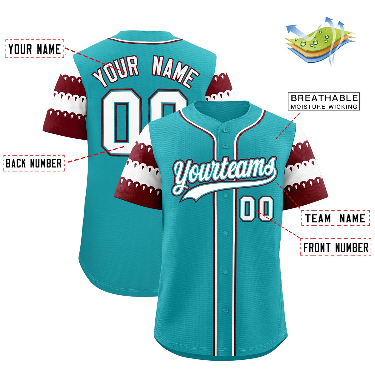 Custom Aqua Maroon White Sleeve Flag Lace Baseball Jersey | Sublimation Printed &amp; Embroidery,Add Name and Numbern,Perfect for Teams | KXKSHOP