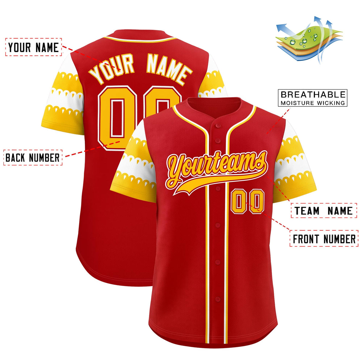Custom Red Gold White Sleeve Flag Lace Baseball Jersey | Sublimation Printed &amp; Embroidery,Add Name and Numbern,Perfect for Teams | KXKSHOP