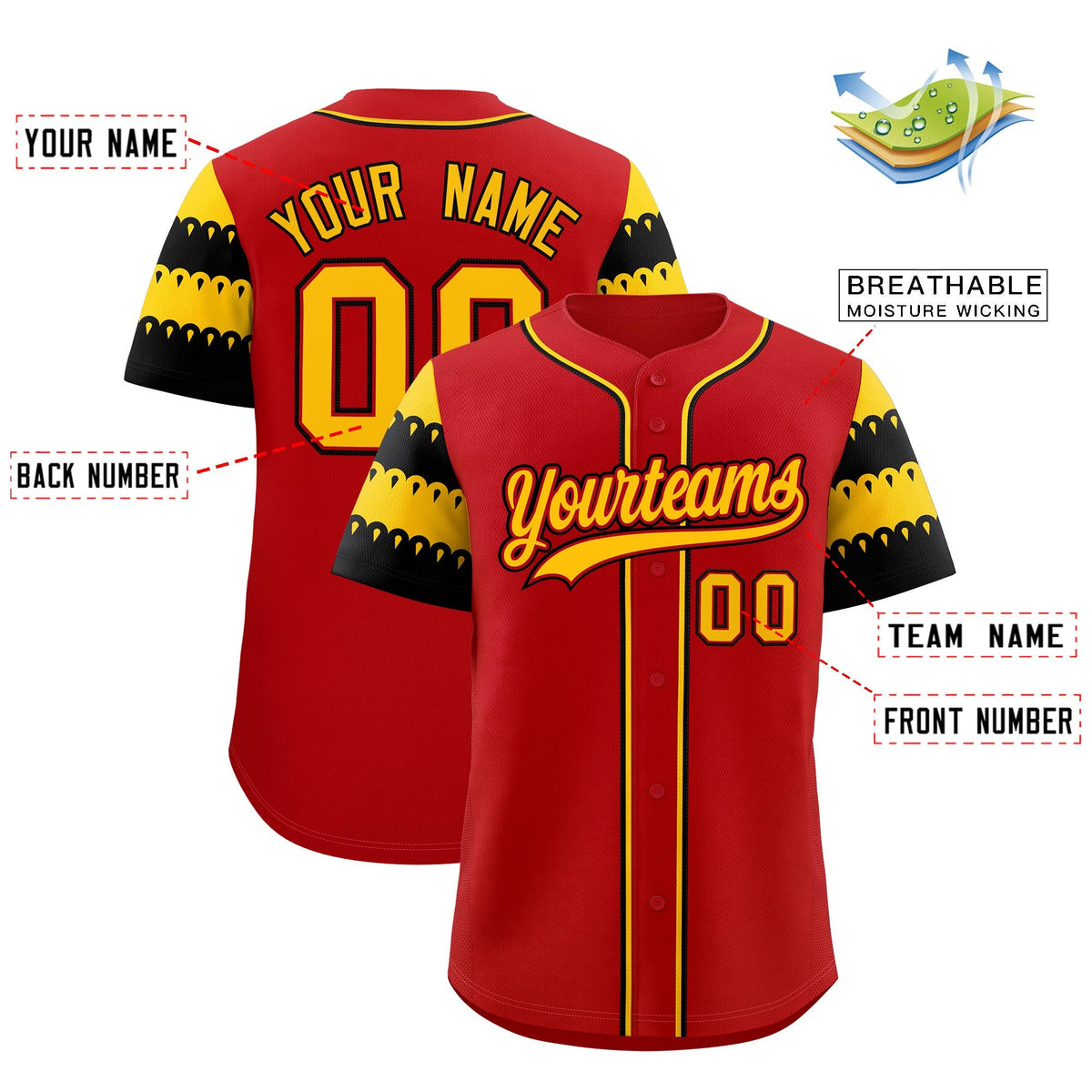 Custom Red Black Gold Sleeve Flag Lace Baseball Jersey | Sublimation Printed &amp; Embroidery,Add Name and Numbern,Perfect for Teams | KXKSHOP
