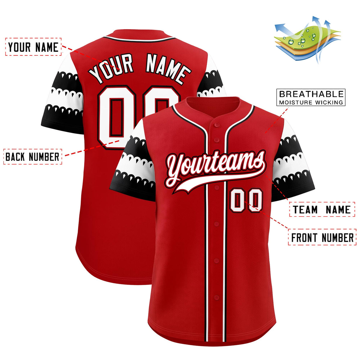 Custom Red White Black Sleeve Flag Lace Baseball Jersey | Sublimation Printed &amp; Embroidery,Add Name and Numbern,Perfect for Teams | KXKSHOP