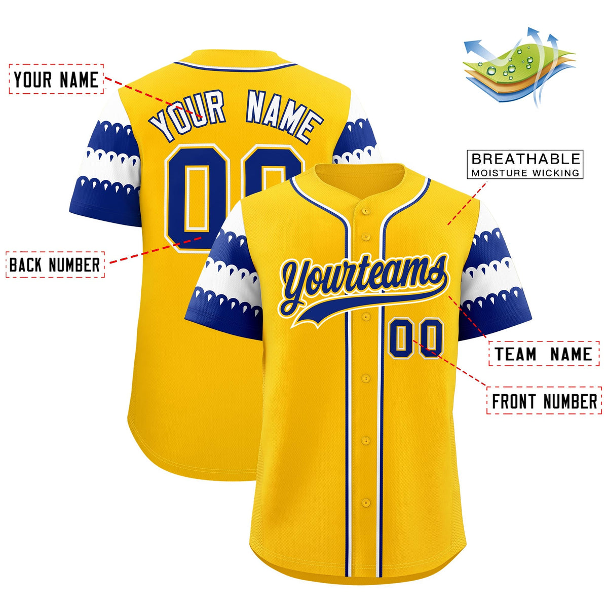 Custom Gold Royal White Sleeve Flag Lace Baseball Jersey | Sublimation Printed &amp; Embroidery,Add Name and Numbern,Perfect for Teams | KXKSHOP