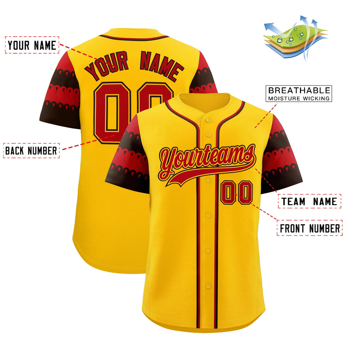 Custom Gold Red Black Sleeve Flag Lace Baseball Jersey | Sublimation Printed &amp; Embroidery,Add Name and Numbern,Perfect for Teams | KXKSHOP