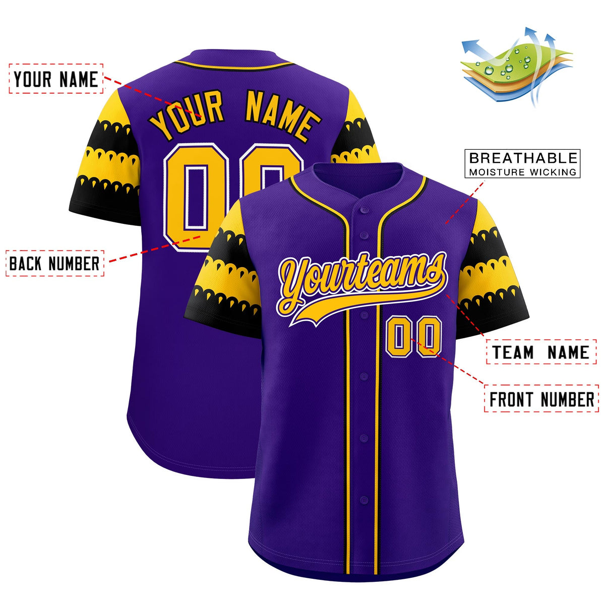 Custom Purple Gold Black Sleeve Flag Lace Baseball Jersey | Sublimation Printed &amp; Embroidery,Add Name and Numbern,Perfect for Teams | KXKSHOP